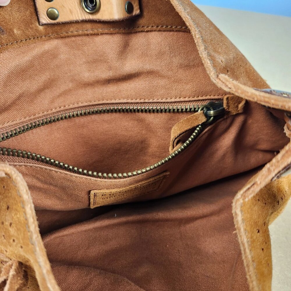 Lucky Brand Suede Hobo w/Fringe Brass Hardware Boho 13x16 Large - Picture 10 of 16